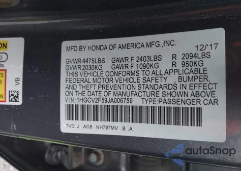 2018 Honda Accord Ex-L 2.0T from USA, damaged, VIN 1HGCV2F59JA006759